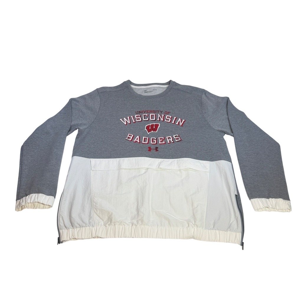 Under‎ Armour Wisconsin Badgers Mixed Media Crewneck Sweatshirt Gray UM1439 LG